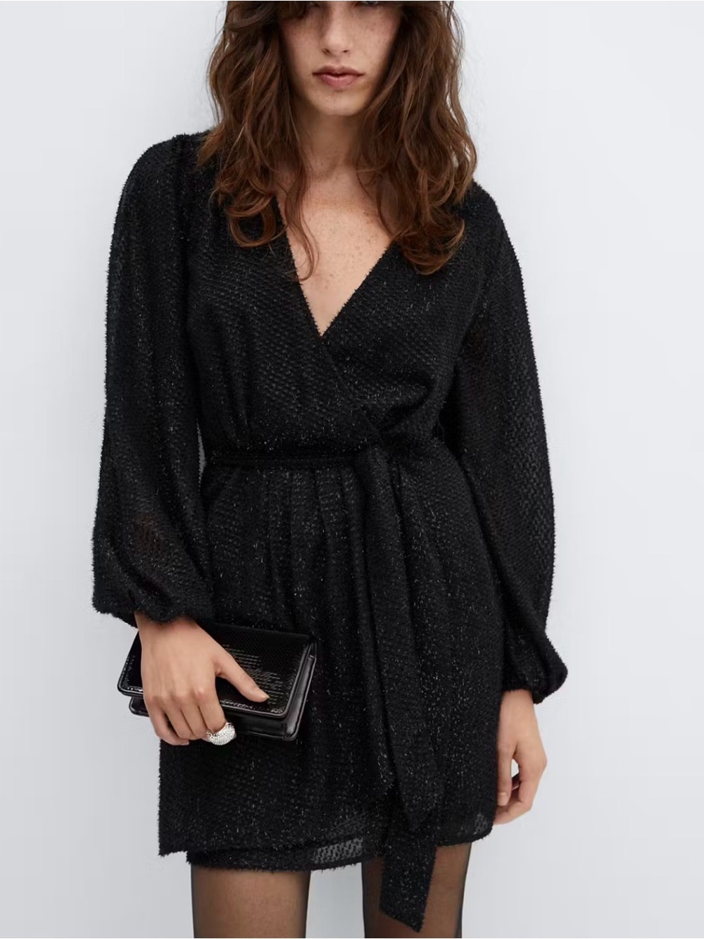 Mango Black Sparkle Wrap Mini Dress